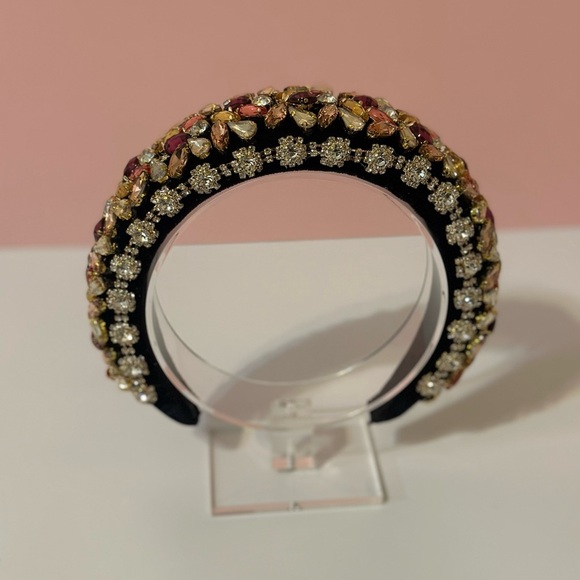 Two Tone Pink and White Rhinestone Black Velvet Headband - Picture 3 of 9